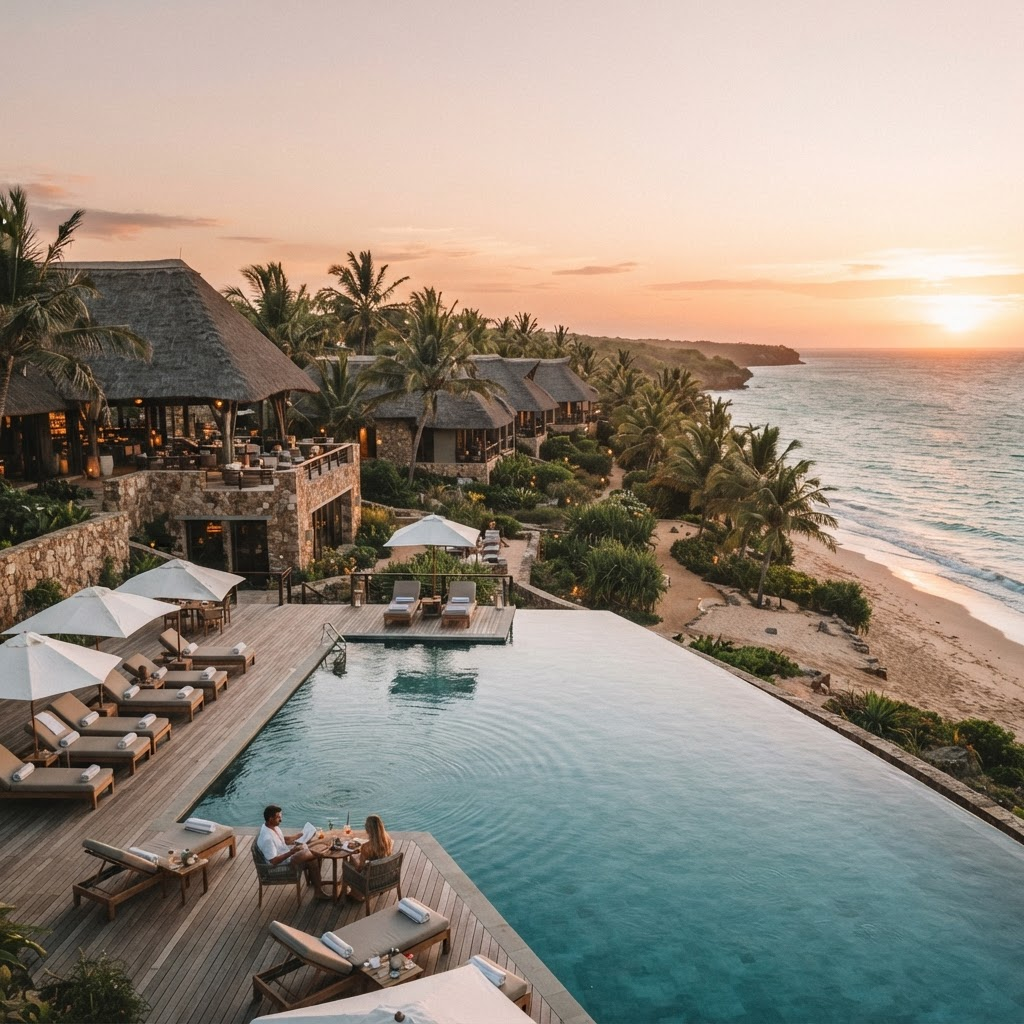 Mawe Zuri Resort at golden hour overlooking the Indian Ocean